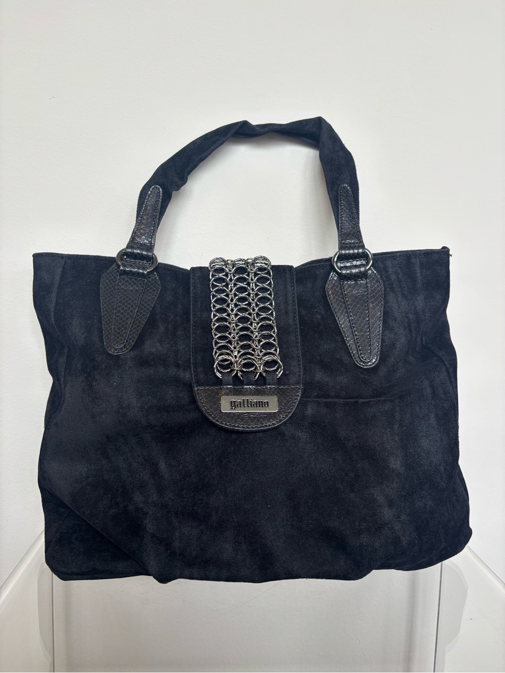Authentic Galliano Black Distressed Velvet Tote